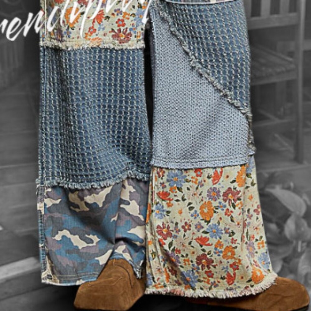 POL LAST ONE Boho Mixed Fabric Cotton Denim Floral Patch Suspender Strap Jeans - Picture 9 of 16